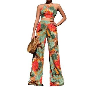Tropical Halter Crop Top with High Waisted Pants Set